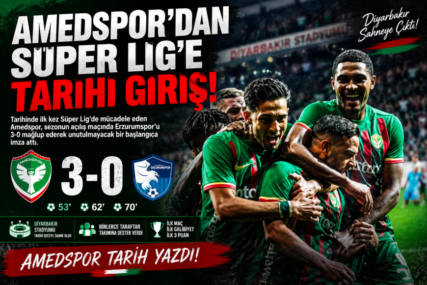 AMEDSPOR’DAN SÜPER LİG’E TARİHİ GİRİŞ  İLK MAÇTA 3 GOLLÜ ZAFER