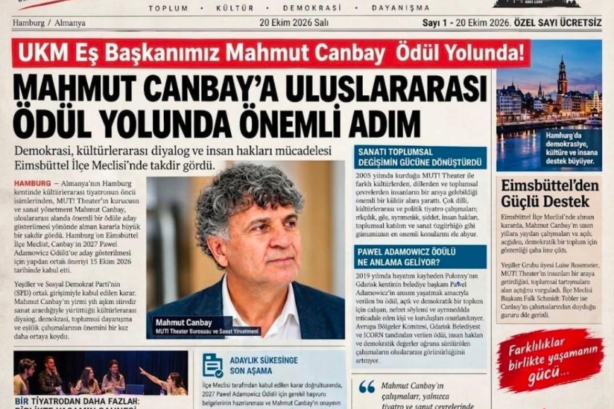 MAHMUT CANBAY’A ULUSLARARASI ÖDÜL YOLUNDA ÖNEMLİ DESTEK HAMBURG’DA SANAT, DEMOKRASİ VE İNSAN HAKLARI MÜCADELESİNE TAKDİR