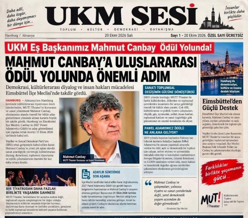 MAHMUT CANBAY’A ULUSLARARASI ÖDÜL YOLUNDA ÖNEMLİ DESTEK HAMBURG’DA SANAT, DEMOKRASİ VE İNSAN HAKLARI MÜCADELESİNE TAKDİR